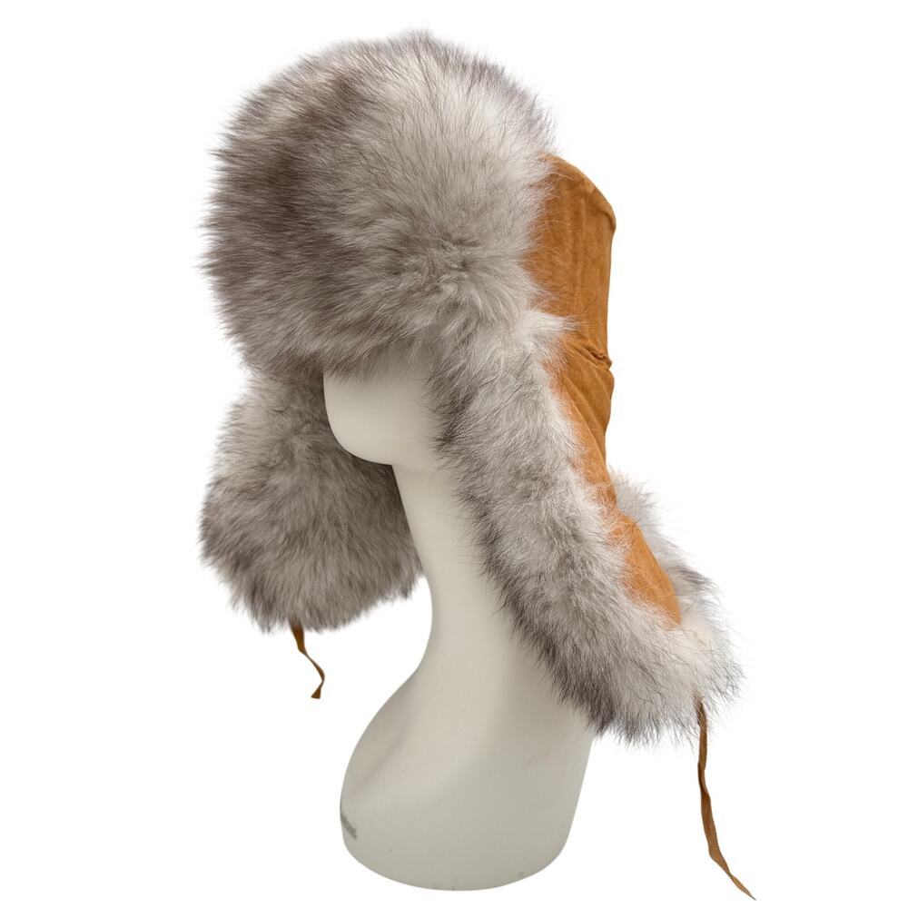 Genuine Rabbit Fur Trapper Hat Ushanka Made in Russia Tan Suede Vintage